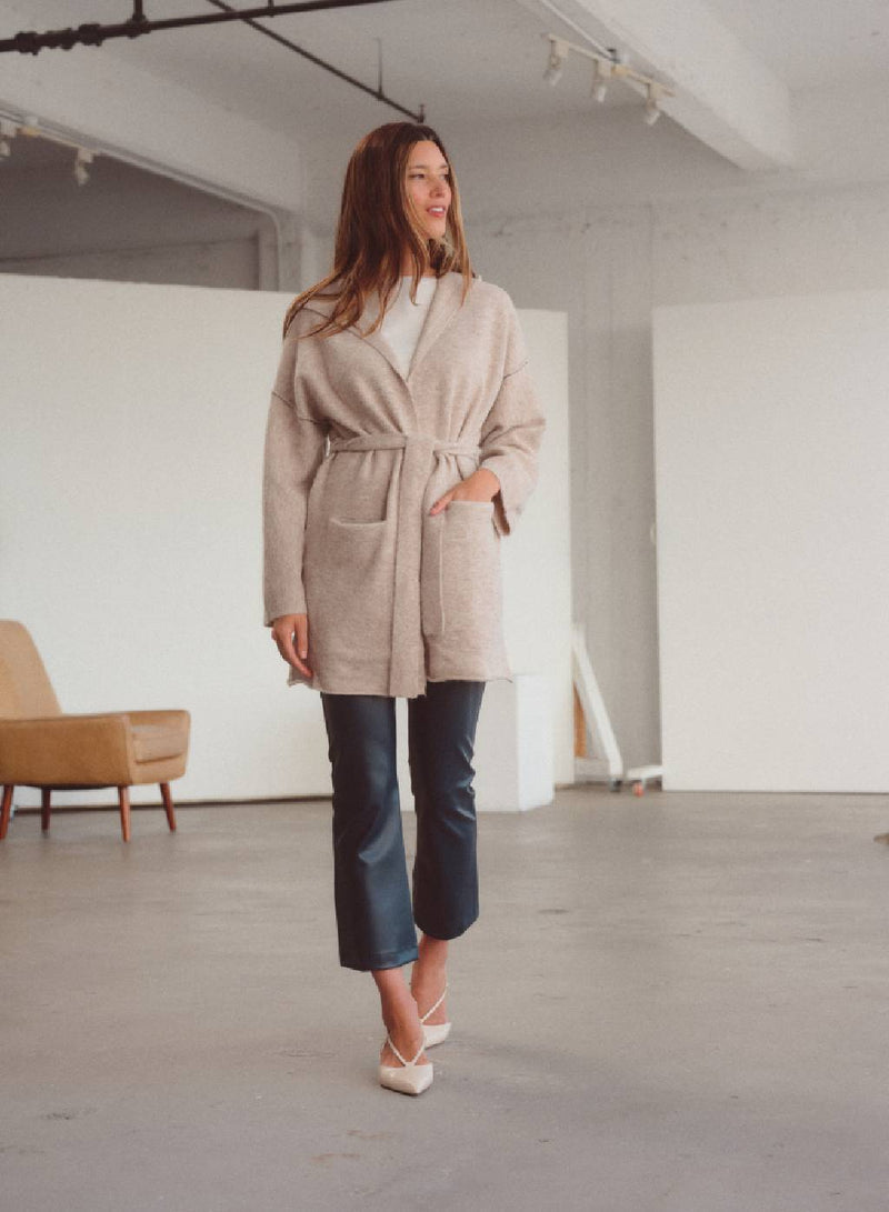 Belted Hooded Cardigan Sweater in Oatmeal Heather