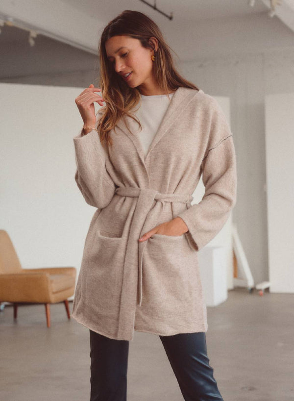 Belted Hooded Cardigan Sweater in Oatmeal Heather