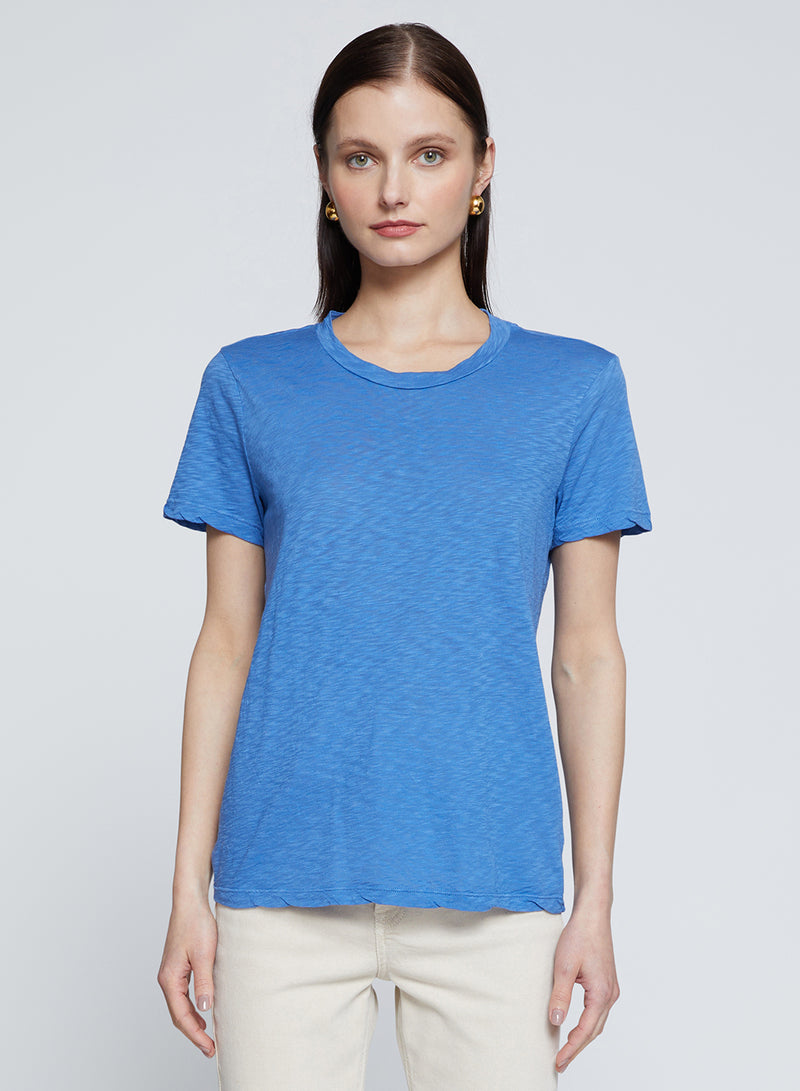 Supima Slub Short Sleeve Crew in Club Blue-model has a serious face and is looking forward 