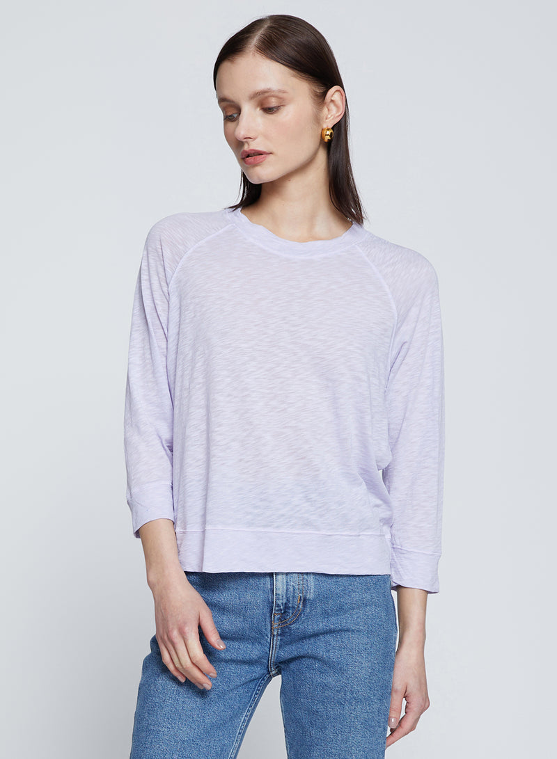 Supima Slub Sweatshirt Tee in Wisteria-model is looking down 