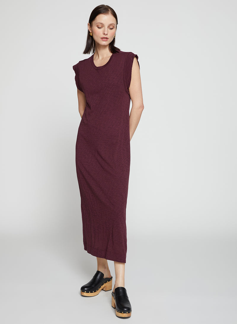 Supima Slub Scooped Hem Midi Dress in Cherry Liquor-model is looking down full front view