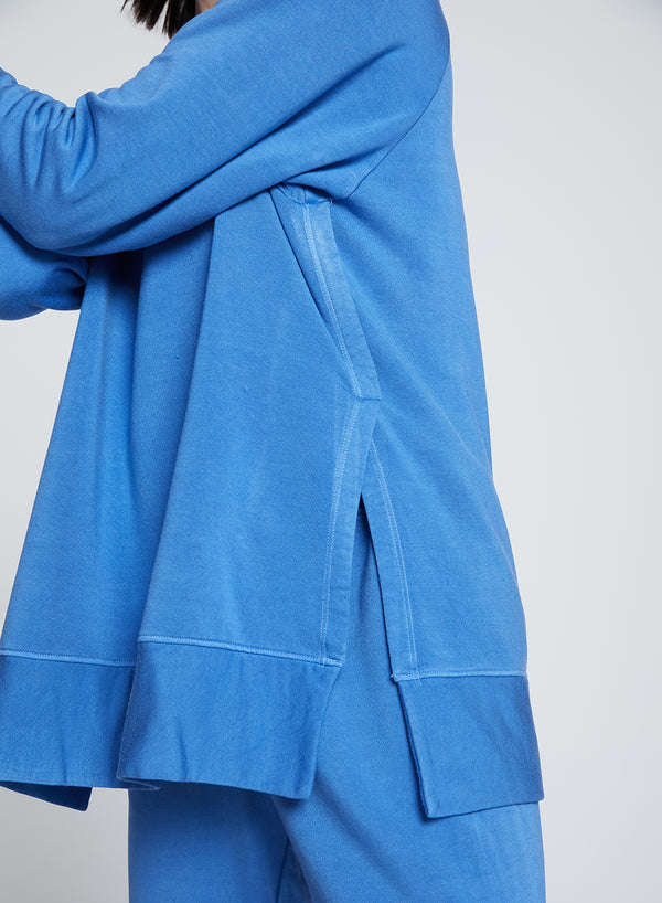 Softest Fleece Raglan Side Slit Sweatshirt in Club Blue-close up of slit