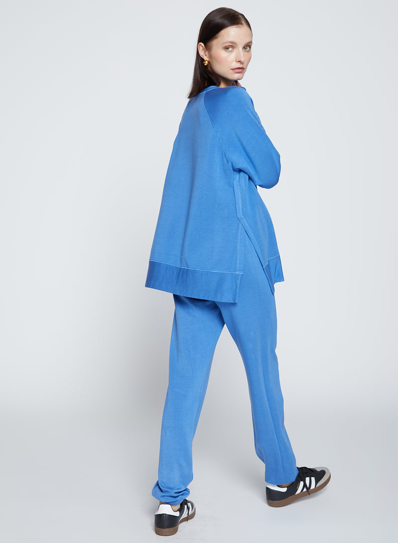 Softest Fleece Raglan Side Slit Sweatshirt in Club Blue-side view walking 