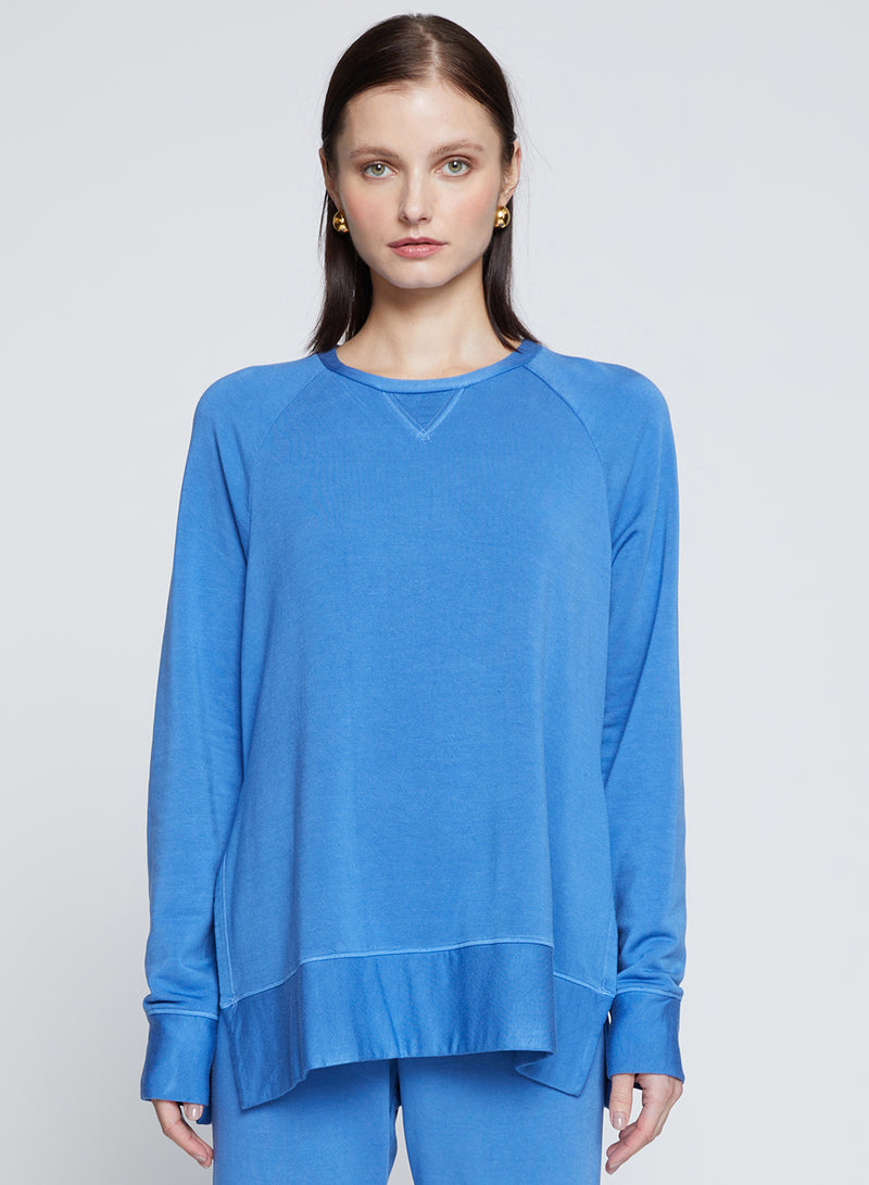 Softest Fleece Raglan Side Slit Sweatshirt in Club Blue-3/4 front 