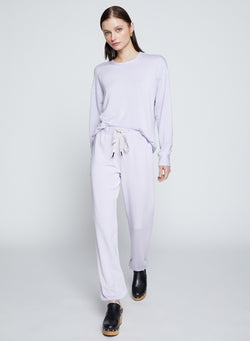 Softest Fleece Drawstring Sweatpant in Wisteria-model is walking 