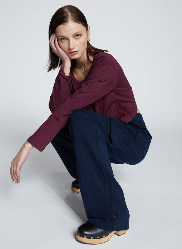 Softest Fleece Wide Leg Cargo Pant in New Navy-kneeling 