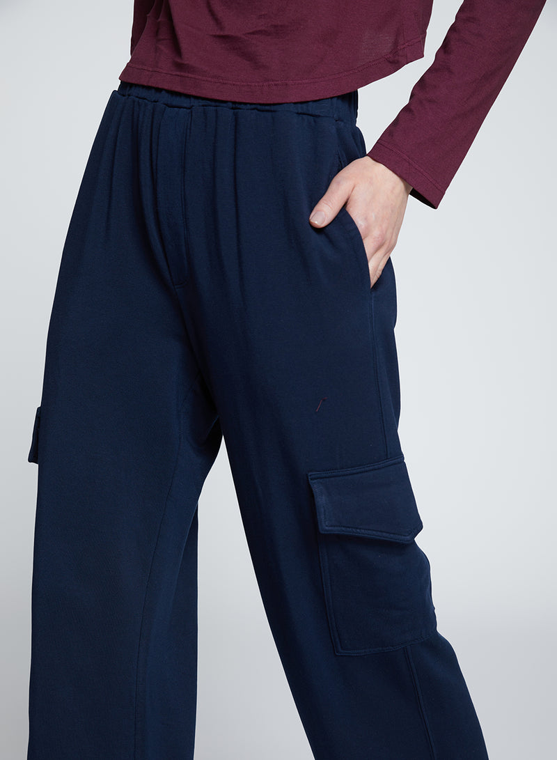 Softest Fleece Wide Leg Cargo Pant in New Navy-close up 