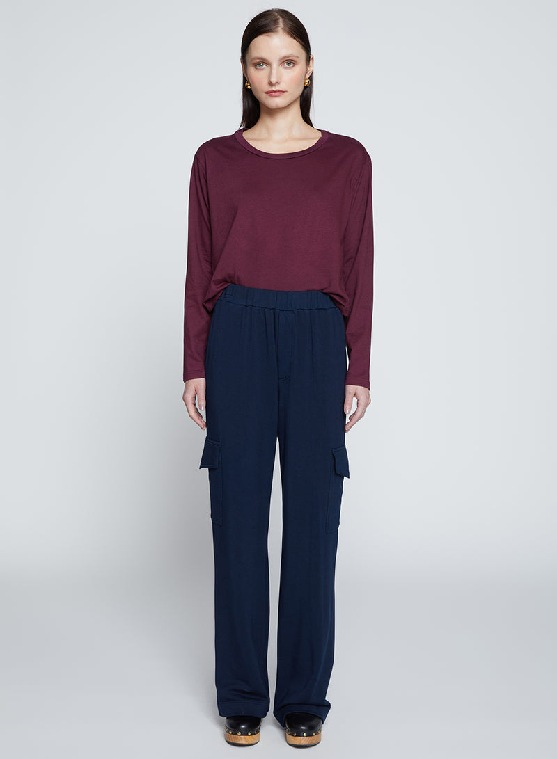 Softest Fleece Wide Leg Cargo Pant in New Navy-full front view