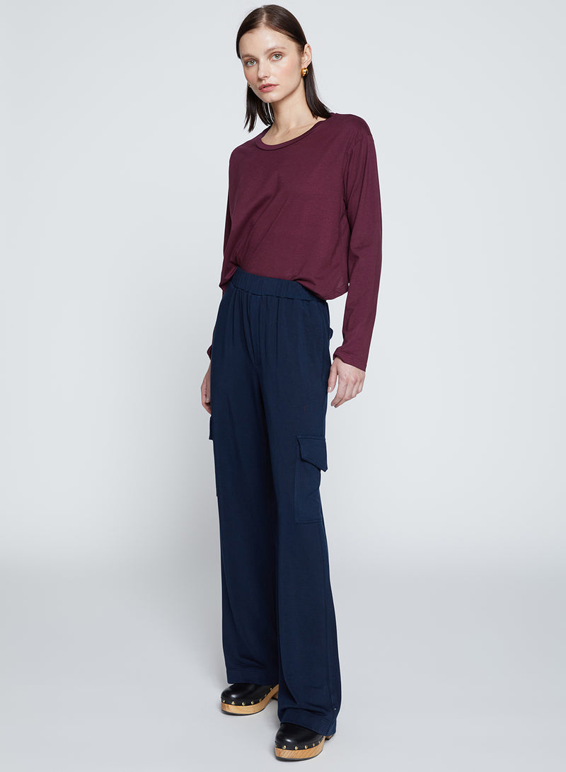 Softest Fleece Wide Leg Cargo Pant in New Navy-side view