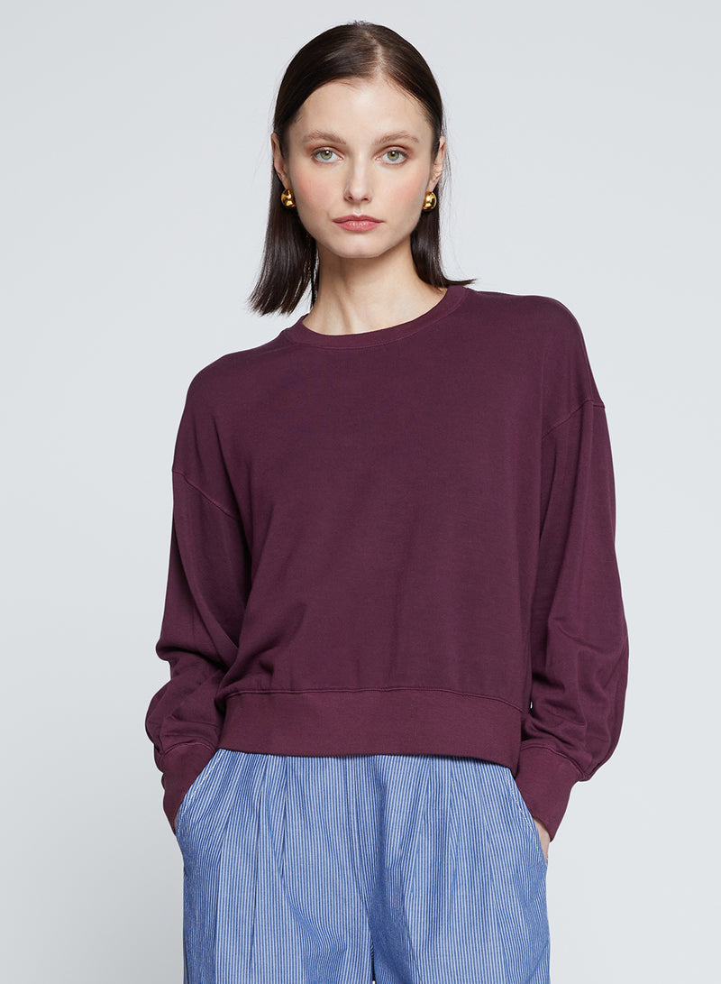 Softest Fleece Cropped Pleated Sleeve Pullover in Cherry Liquor-3/4 front view