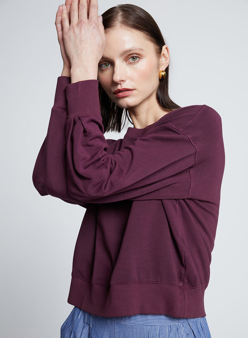 Softest Fleece Cropped Pleated Sleeve Pullover in Cherry Liquor-close up and sleeves details