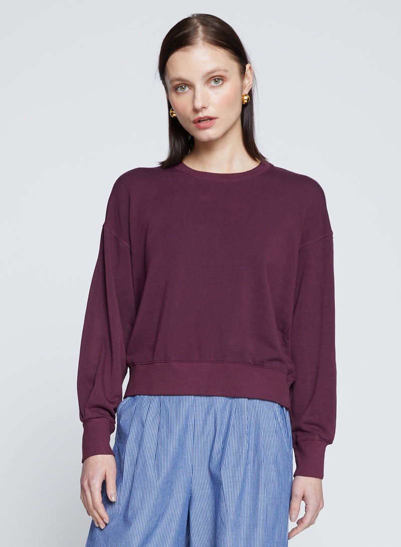 Softest Fleece Cropped Pleated Sleeve Pullover in Cherry Liquor-3/4 front view