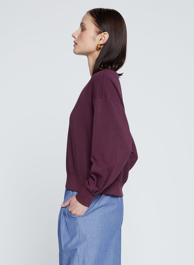 Softest Fleece Cropped Pleated Sleeve Pullover in Cherry Liquor-side view