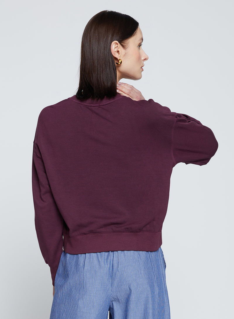 Softest Fleece Cropped Pleated Sleeve Pullover in Cherry Liquor-back 