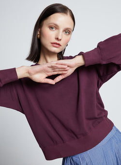 Softest Fleece Cropped Pleated Sleeve Pullover in Cherry Liquor-sleeve details