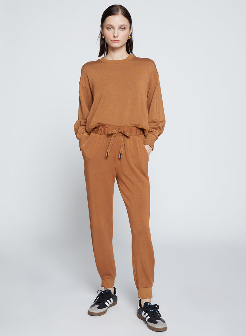 Softest Fleece Pleated Hem Jogger in Toffee-full front 