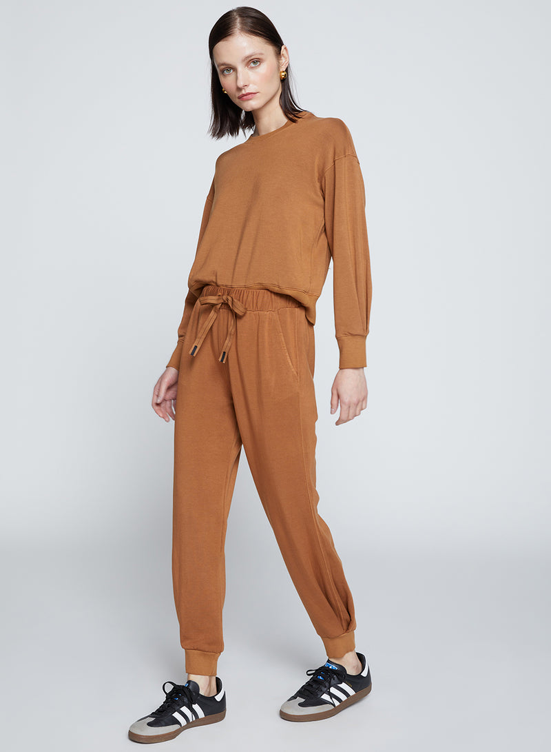 Softest Fleece Pleated Hem Jogger in Toffee-side view