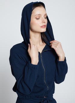 Luxe Thermal Zip Hoodie in New Navy-hoodie on and close up 