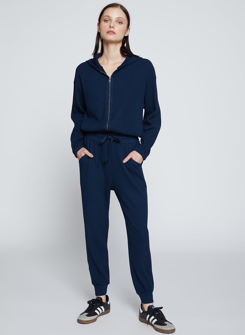 Luxe Thermal Drawstring Jogger in New Navy-full front view