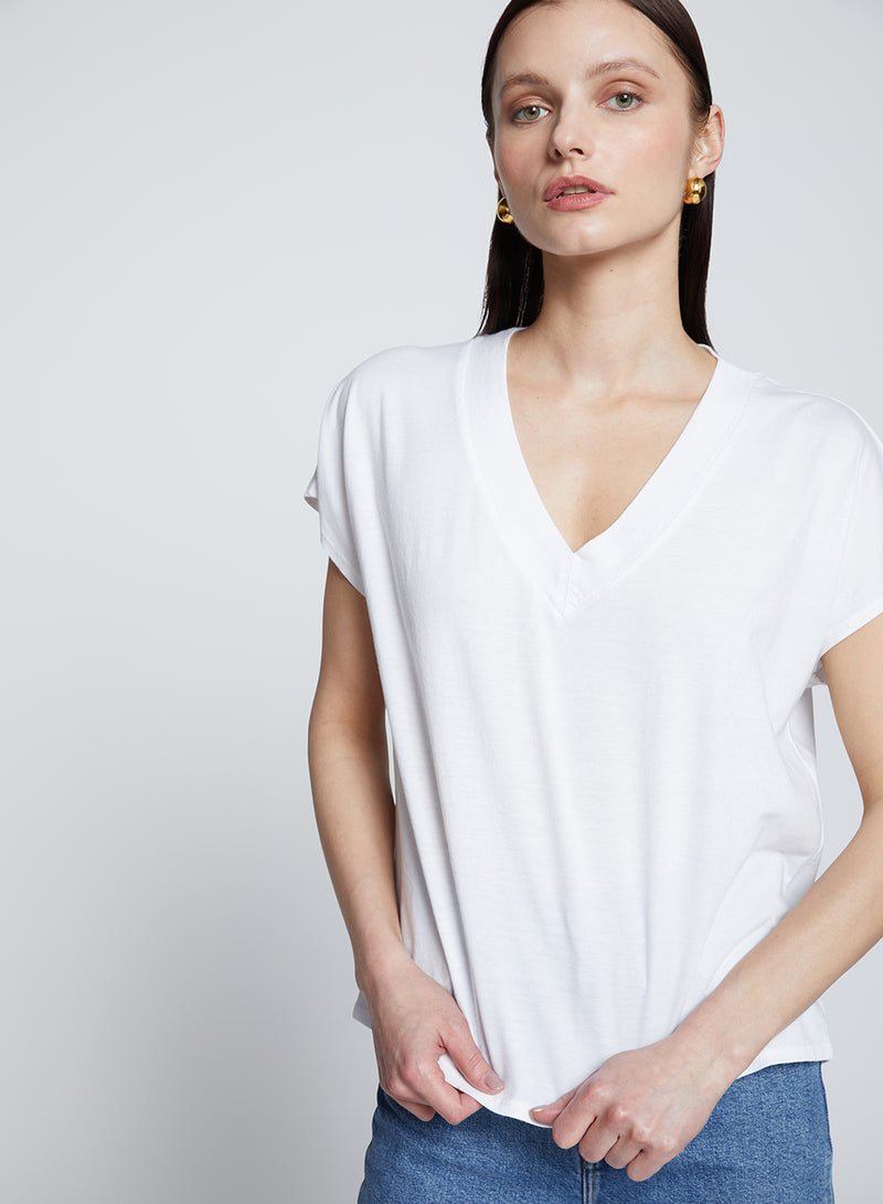 Cloud Jersey V-Neck Dolman Tee in White-close