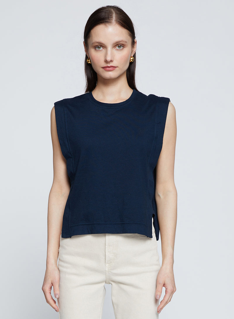 Cloud Jersey Boxy Muscle Tee in New Navy-3/4 front