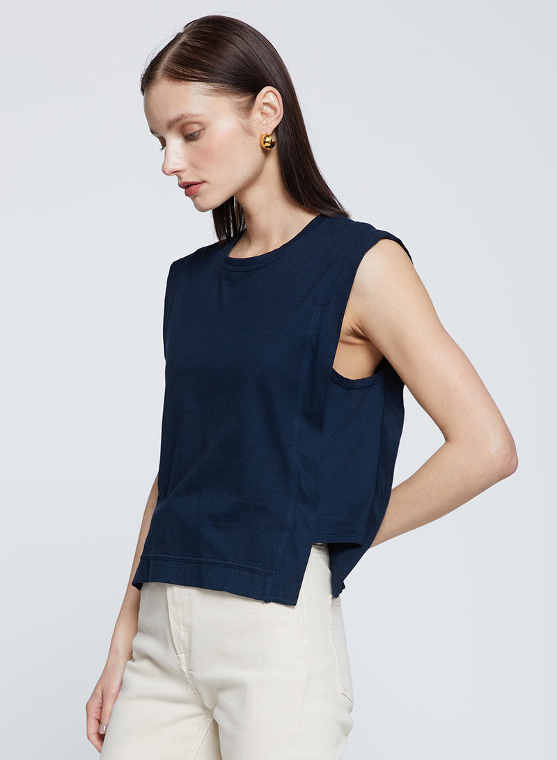 Cloud Jersey Boxy Muscle Tee in New Navy-model looking down