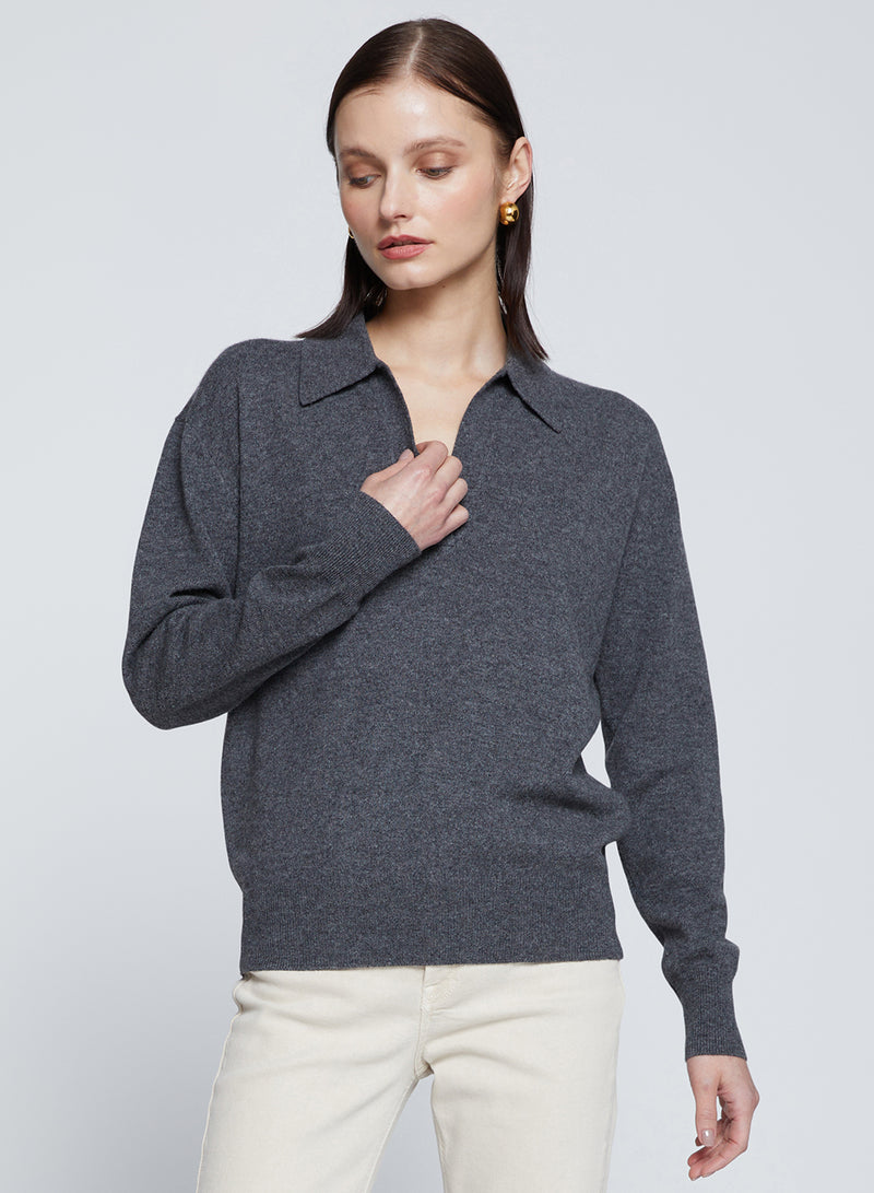 Johnny Collar Sweater in Charcoal-looking down 