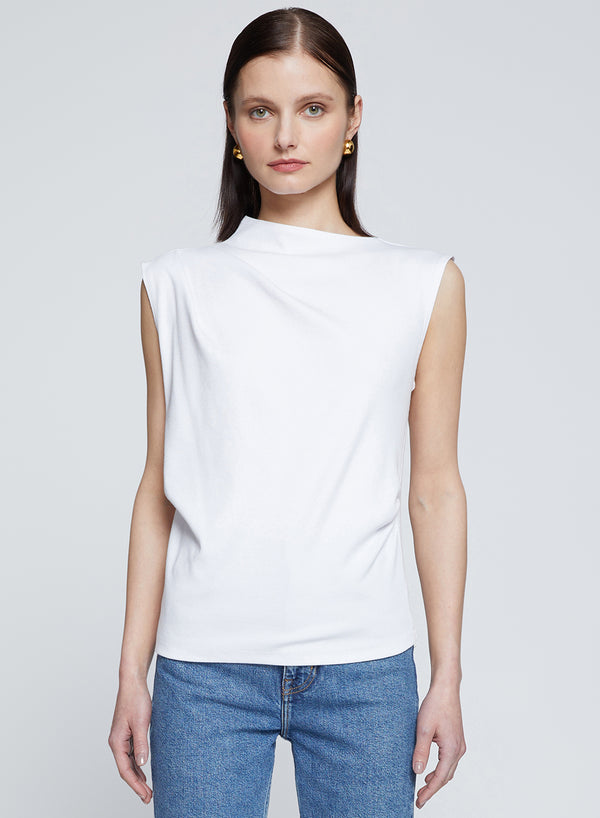 Luxe 2x1 Rib Asymmetric Tank in White-3/4 front view