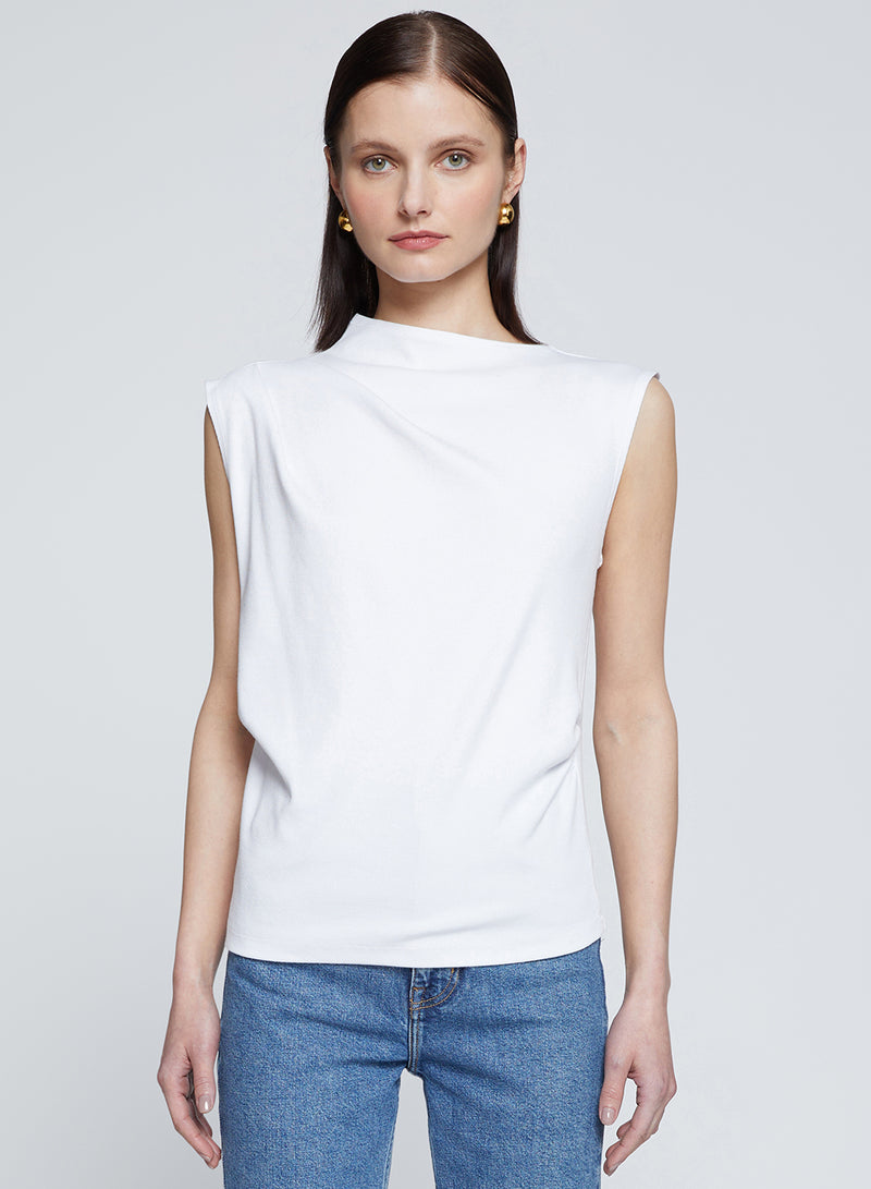 Luxe 2x1 Rib Asymmetric Tank in White-3/4 front view