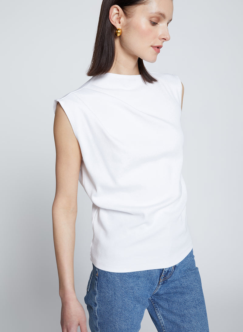 Luxe 2x1 Rib Asymmetric Tank in White-side view