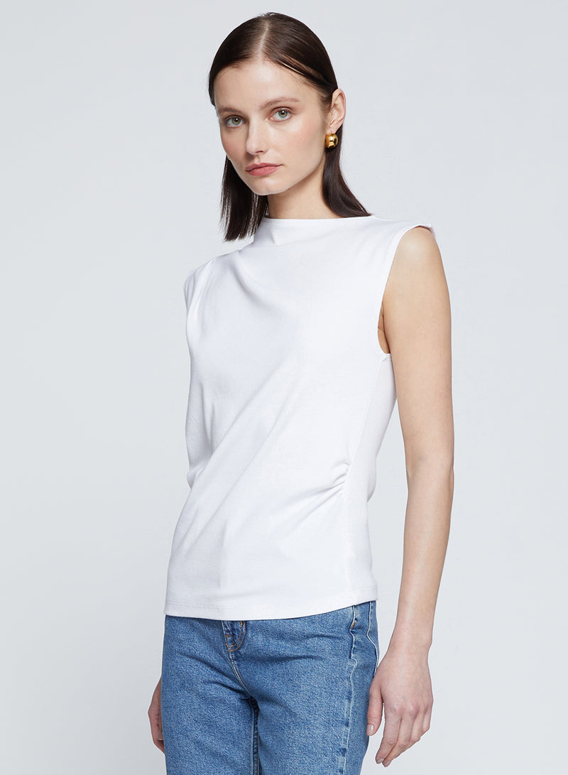 Luxe 2x1 Rib Asymmetric Tank in White-models body is facing one direction