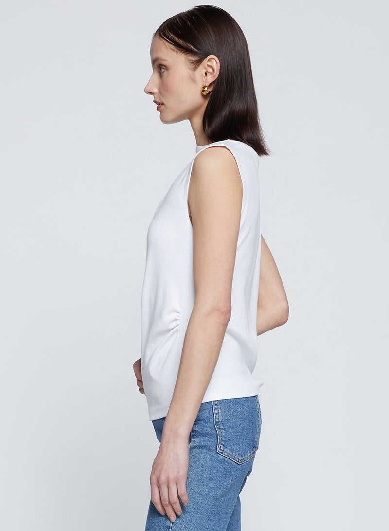 Luxe 2x1 Rib Asymmetric Tank in White-full side view