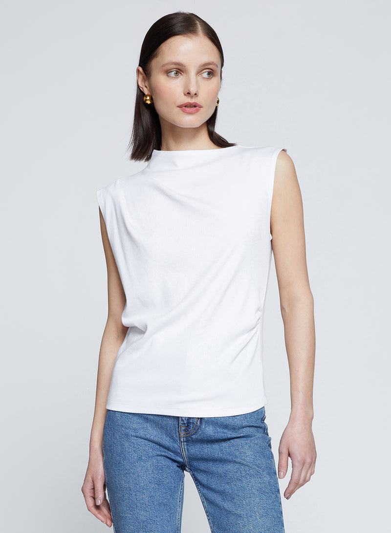 Luxe 2x1 Rib Asymmetric Tank in White-3/4 front 