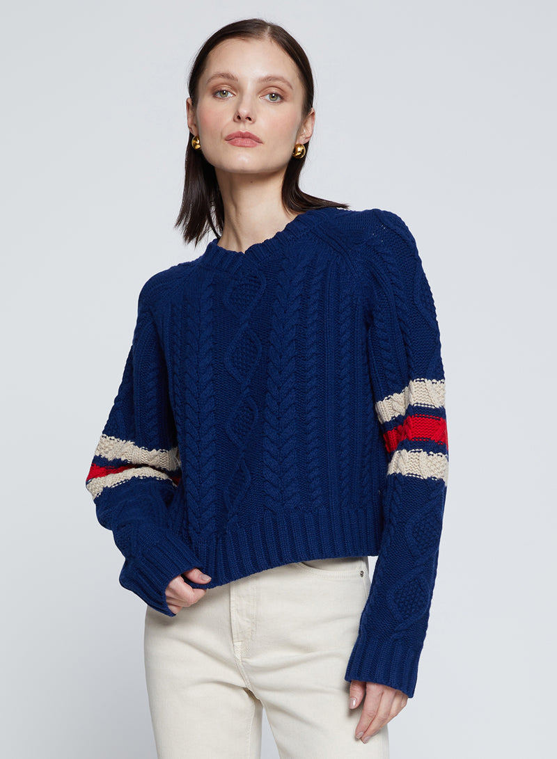 The Felix Cable Knit Sweater in New Navy-3/4 front view