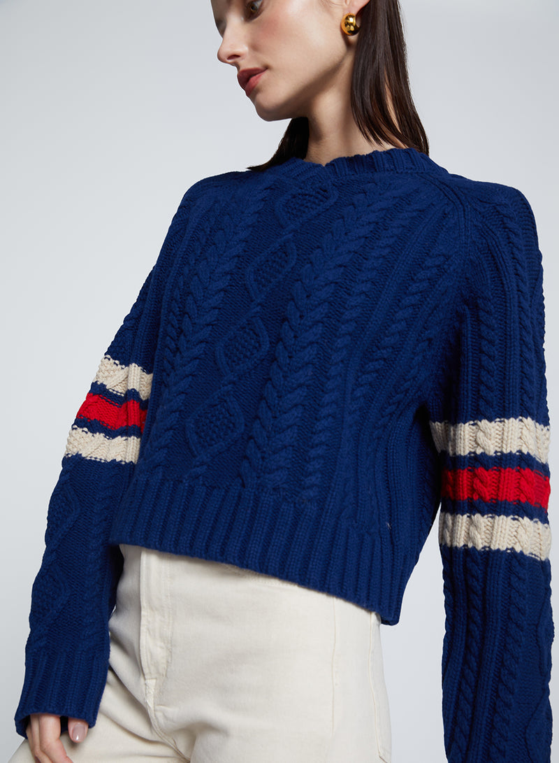 The Felix Cable Knit Sweater in New Navy-close up 