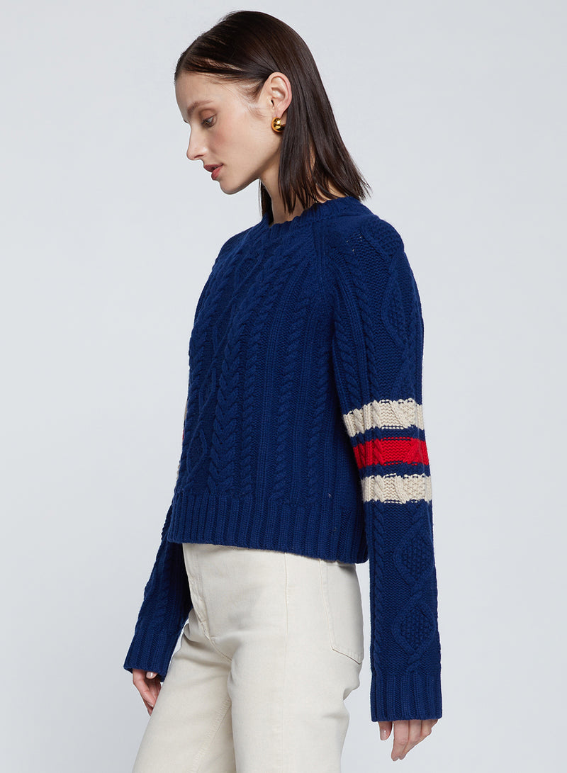 The Felix Cable Knit Sweater in New Navy-side view