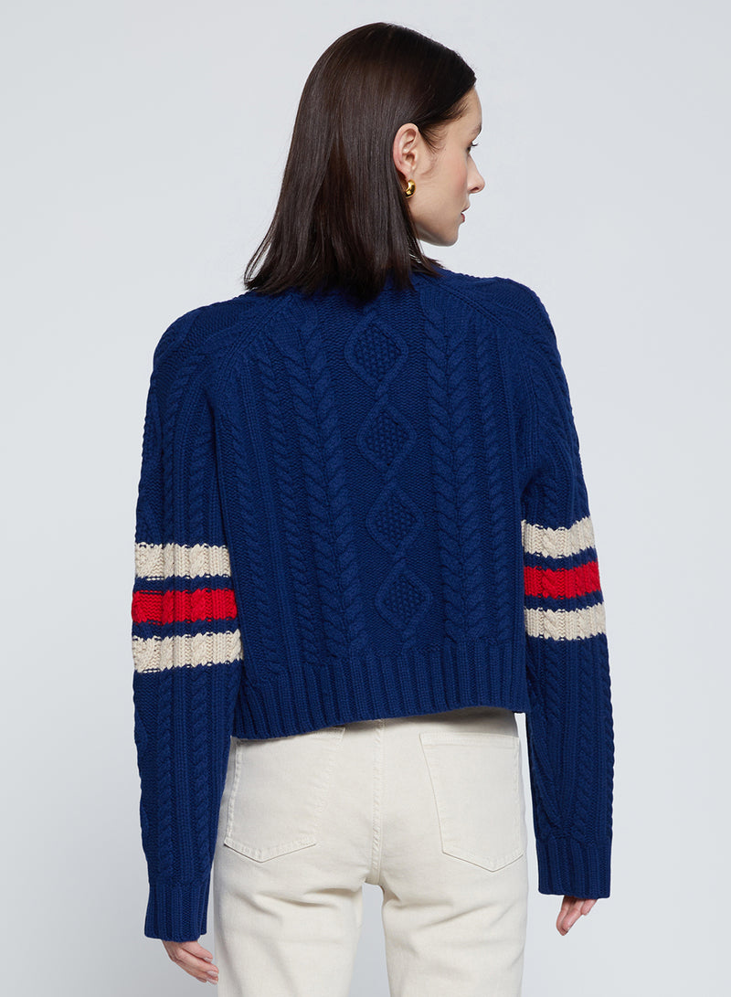 The Felix Cable Knit Sweater in New Navy-back view