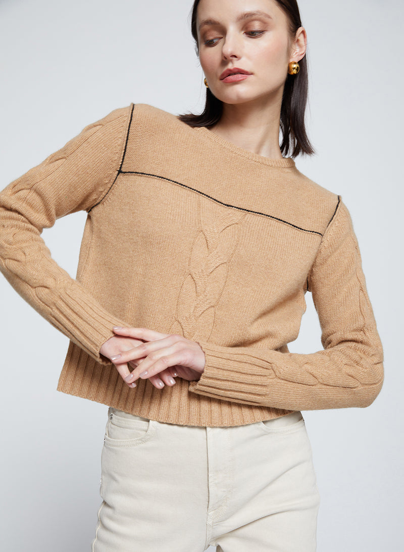 The Marlon Cable Knit Sweater in Toffee-3/4 front view