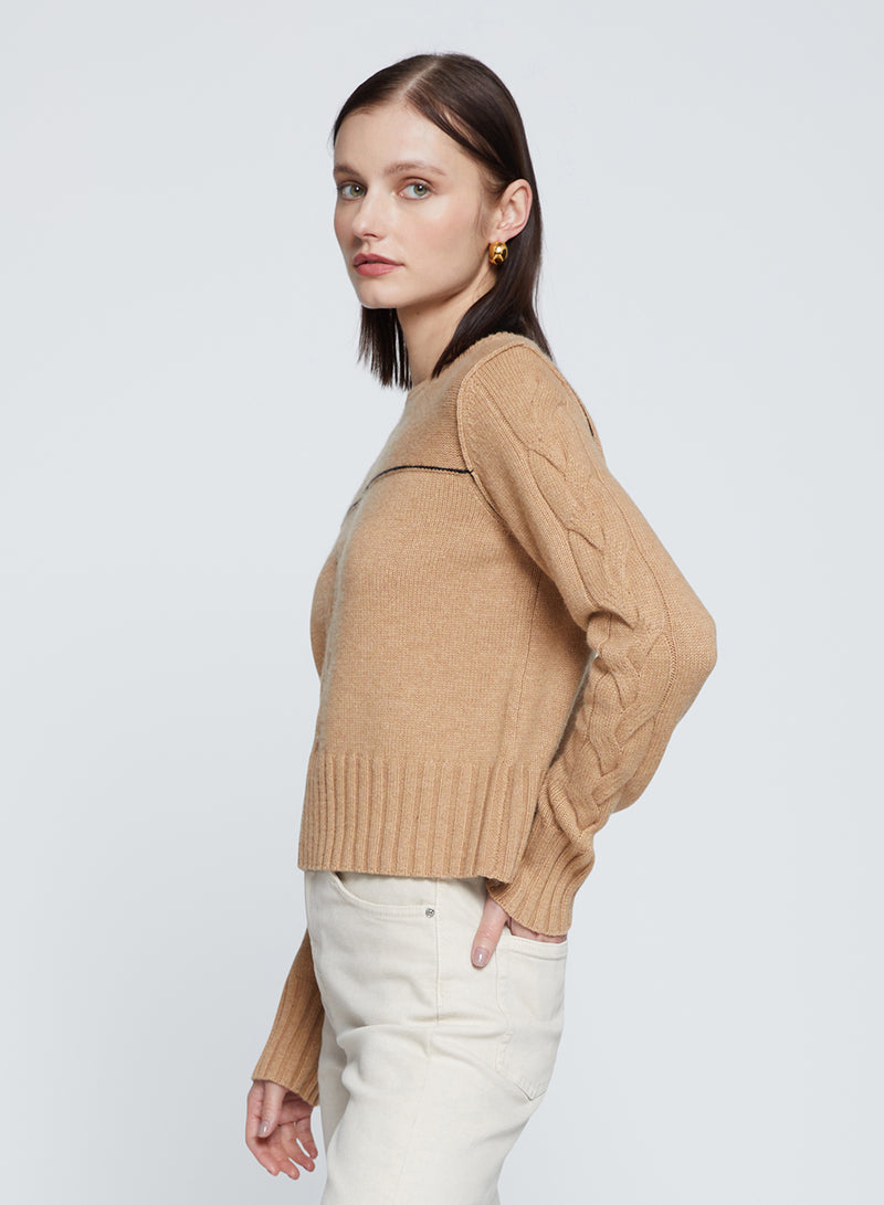 The Marlon Cable Knit Sweater in Toffee-side view3/4 