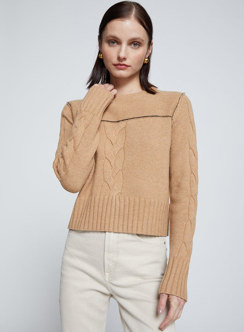 The Marlon Cable Knit Sweater in Toffee-model is holding neck line 