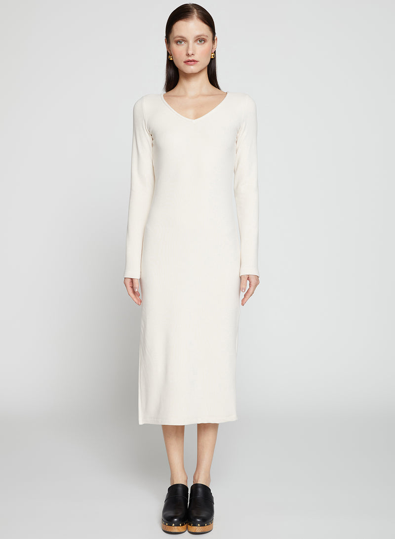 Honeyluxe Flatback Rib Double V-Neck Dress in Cream - XS - Shop STATESIDE Dresses