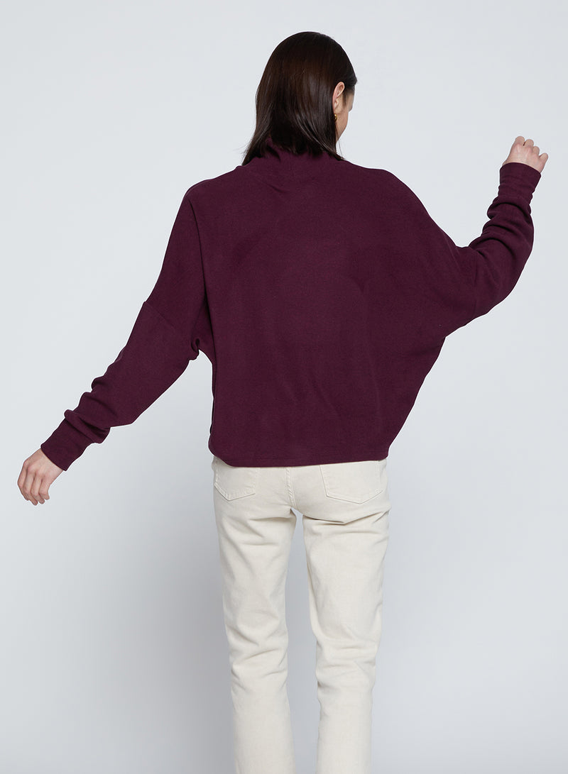 Honeyluxe Flatback Rib Dropped Dolman Top in Cherry Liquor-back view