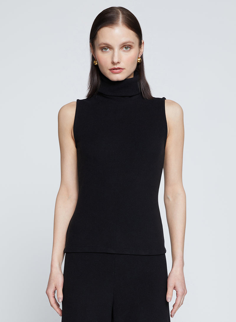 Honeyluxe Flat Back Rib Sleeveless Turtleneck in Black-3/4 front view