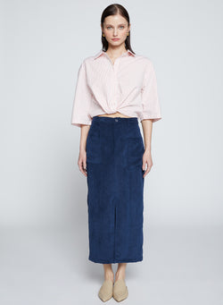 Schoolboy Cord Skirt in New Navy-3/4 front 