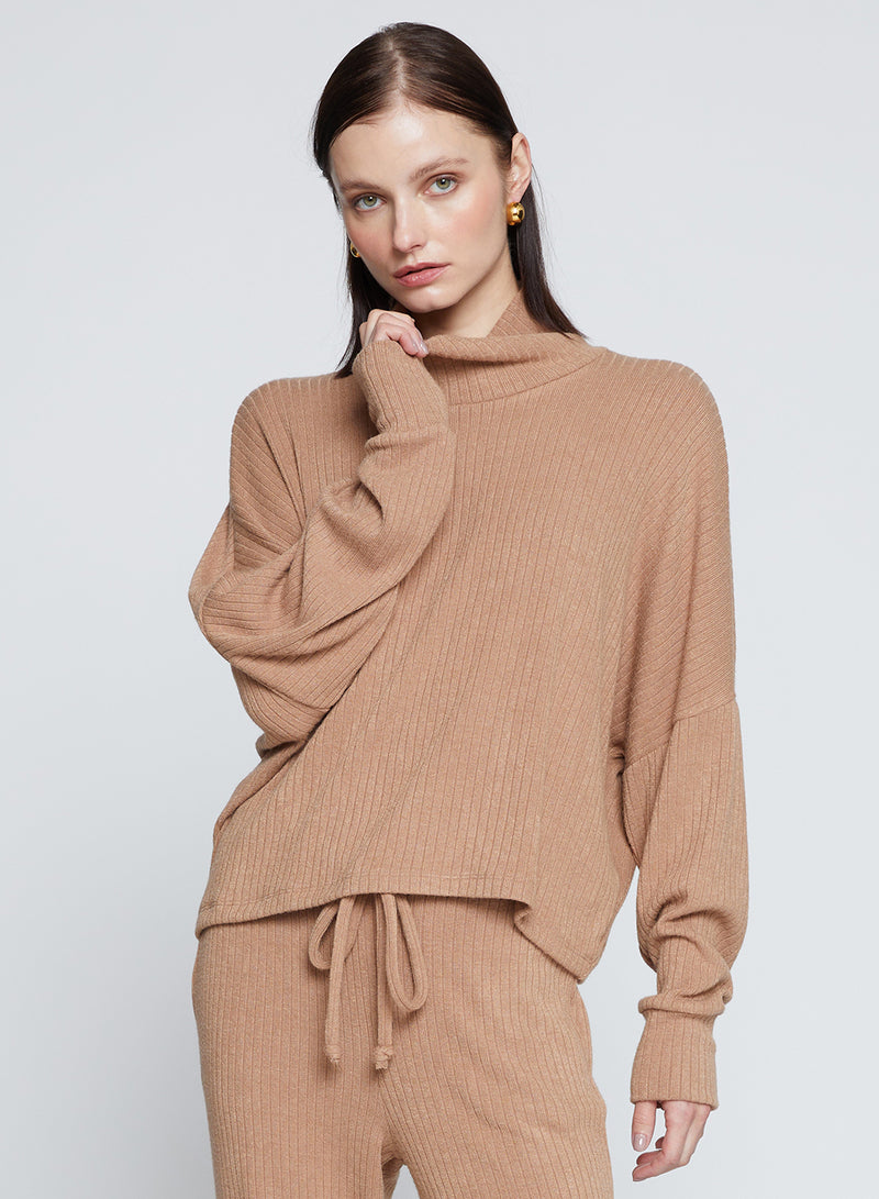 Rachel Chunky Rib Cropped Dolman Top in Toffee-3/4 front view