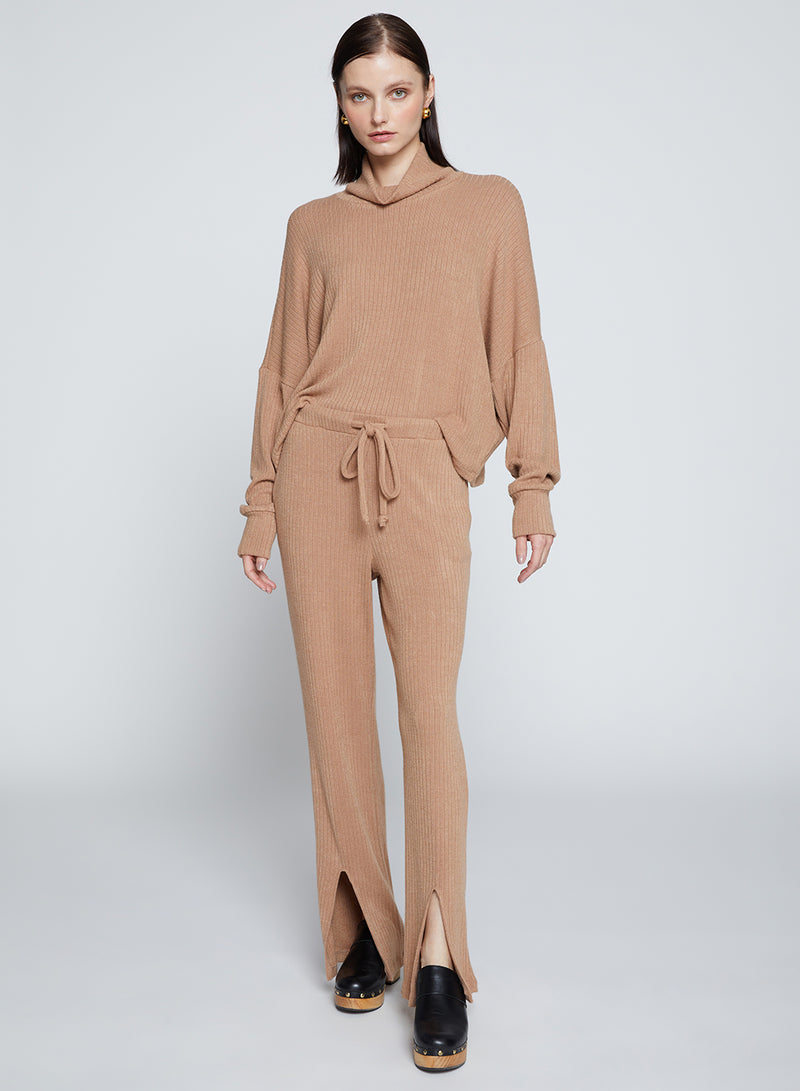 Rachel Chunky Rib Front Slit Tie Pant in Toffee-full view 