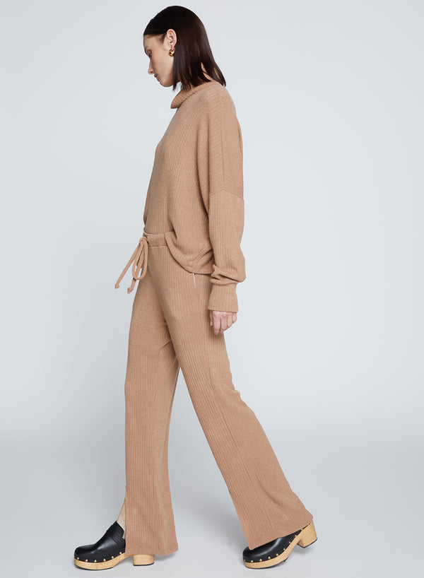 Rachel Chunky Rib Front Slit Tie Pant in Toffee-side 