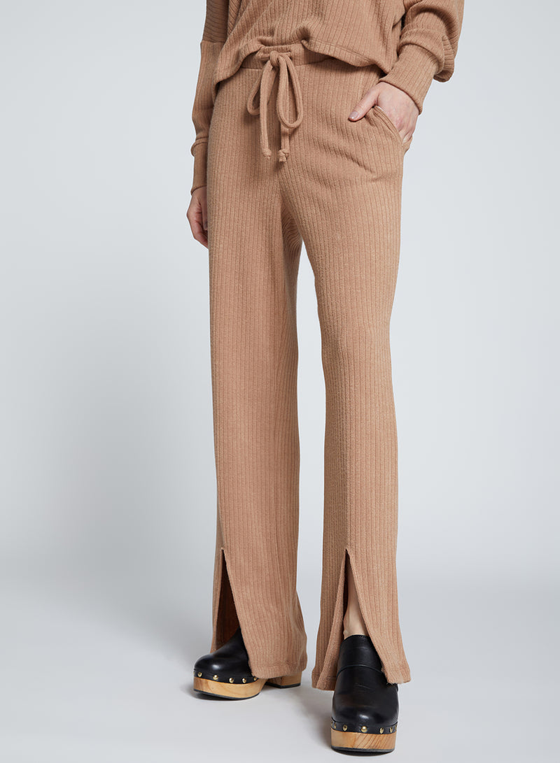 Rachel Chunky Rib Front Slit Tie Pant in Toffee-close up front 