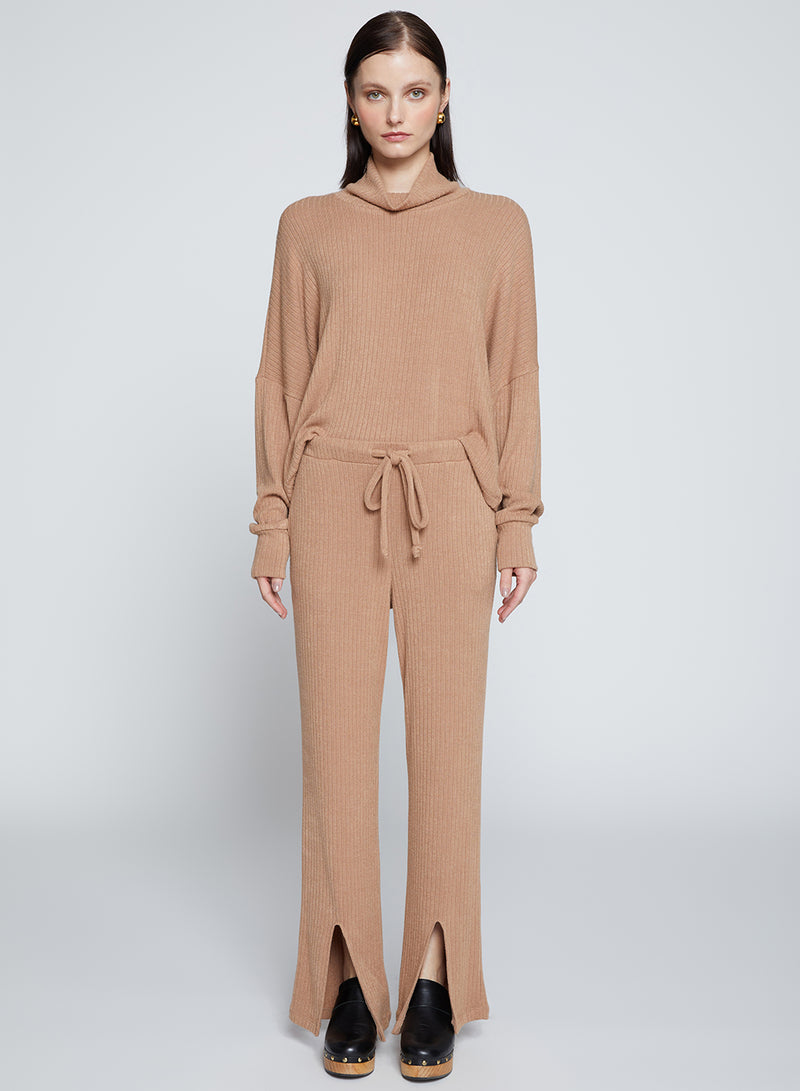 Rachel Chunky Rib Front Slit Tie Pant in Toffee-close up 