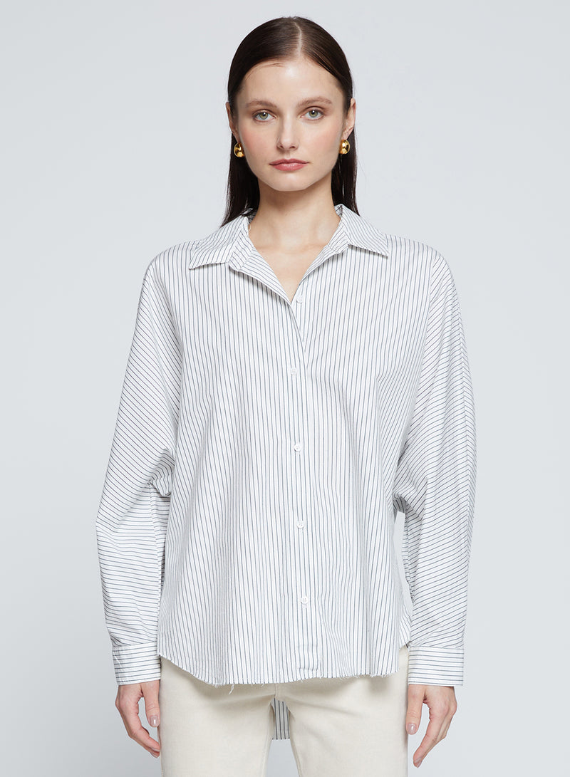 Elliott Poplin Stripe Dolman Shirt in Verde-3/4 front 